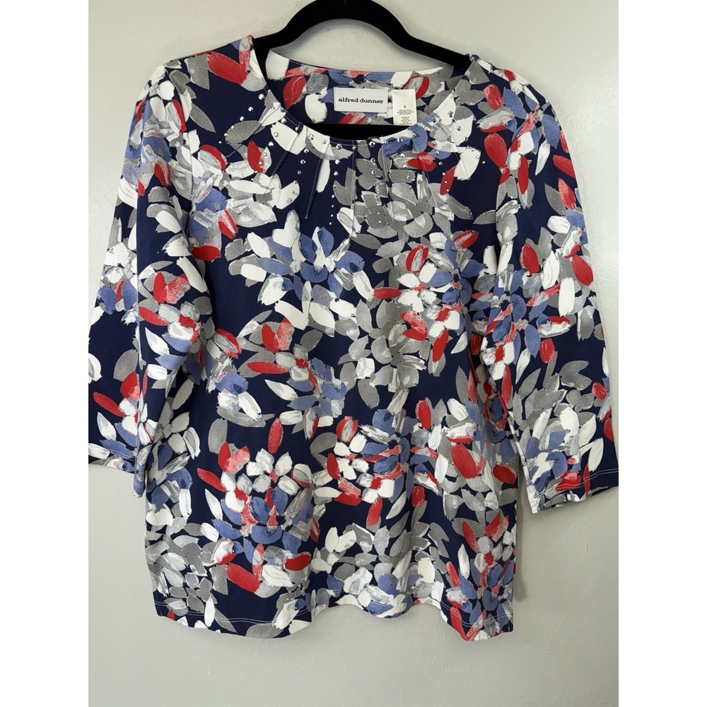 Alfred Donner Red/White/Blue‎  Geometric Top W Silver Rhinestone Accents Size S